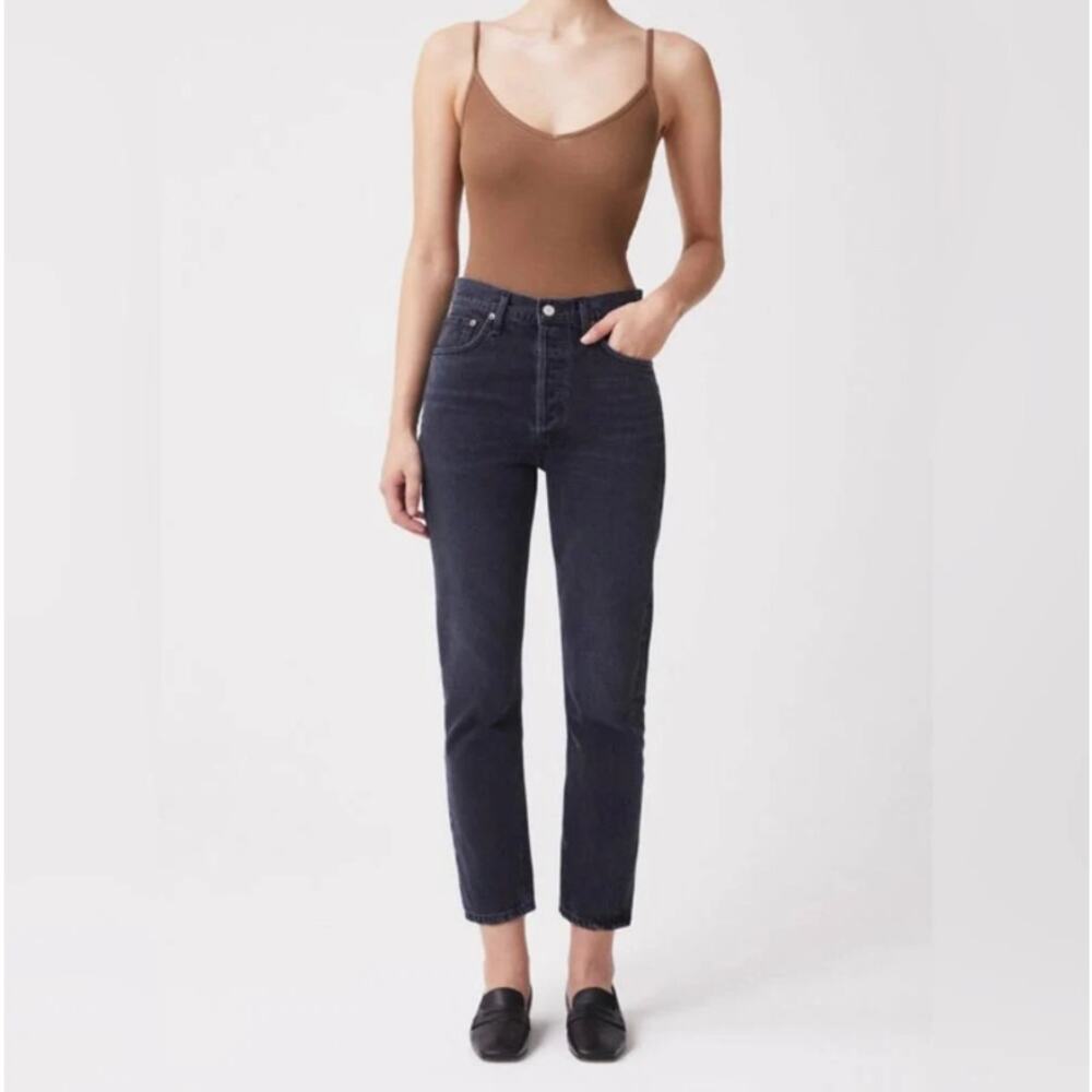 AGOLDE Riley High Rise Straight Crop Jeans Faded Black Button Fly Size 27 $188